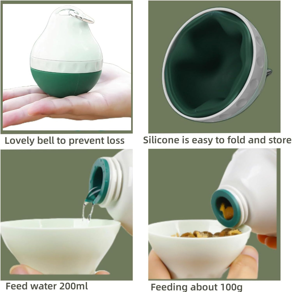 Dog Travel Water Bottle Detachable Bowl Leak Proof Portable ，Silicone Bottle Body，Collapsible and Suitable for Small Pets for Outdoor Walking, Hiking, Travel (Green2, 200ml2)