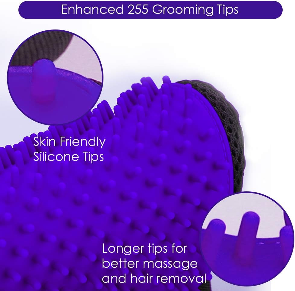 Pet Hair Removal Glove with 255 Silicone Tips for Dogs & Cats,1 Pair Purple