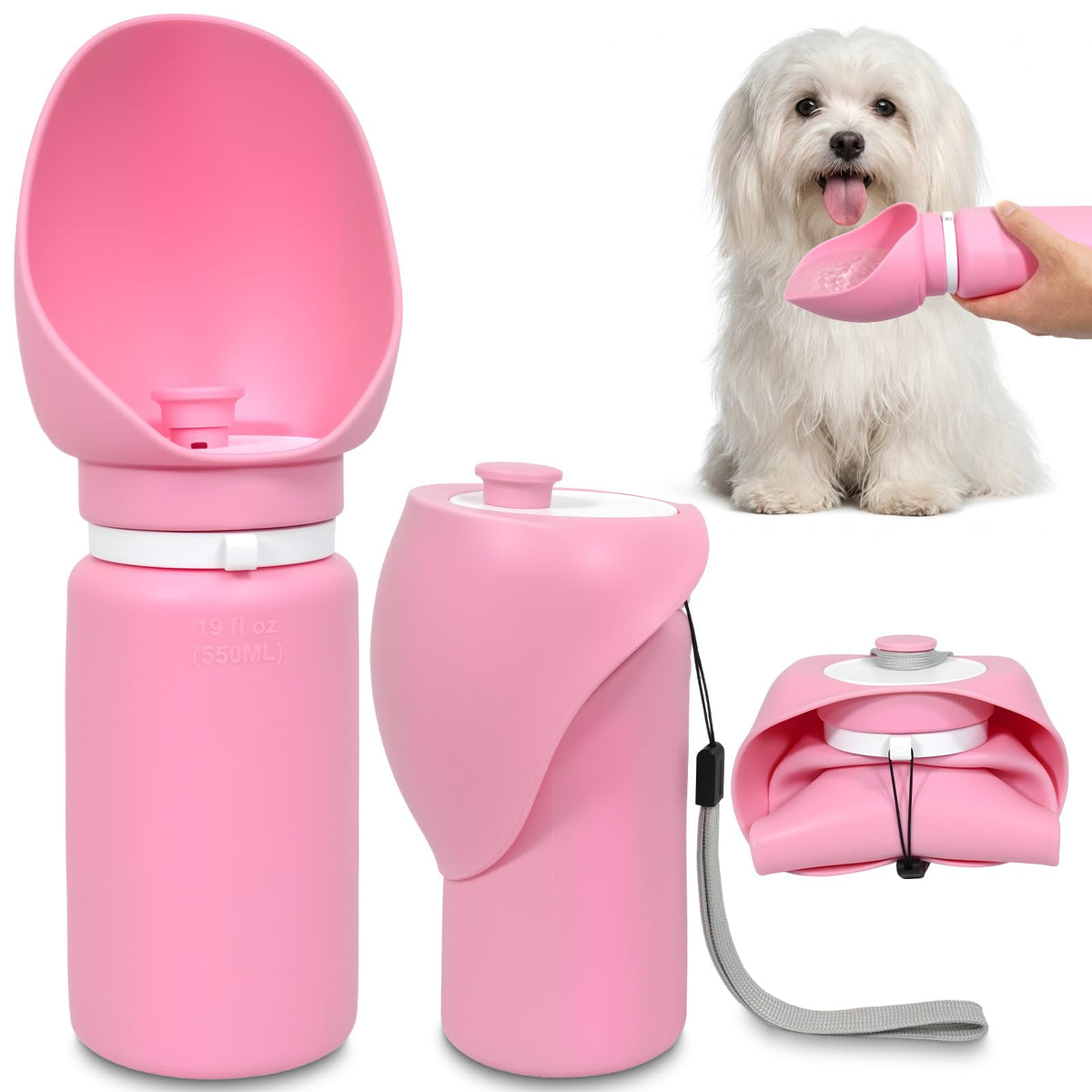 2 in 1 Foldable Dog Water Bottle, Leakproof Portable Pet Dispenser, Grey