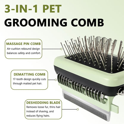 3-in-1 Multifunctional Pet Grooming Brush, Dematting Comb + Deshedding Blade + Massage Pin Comb, Removes Tangles & Loose Fur, Grooming & Interactive Massaging Tool for Cats & Dogs