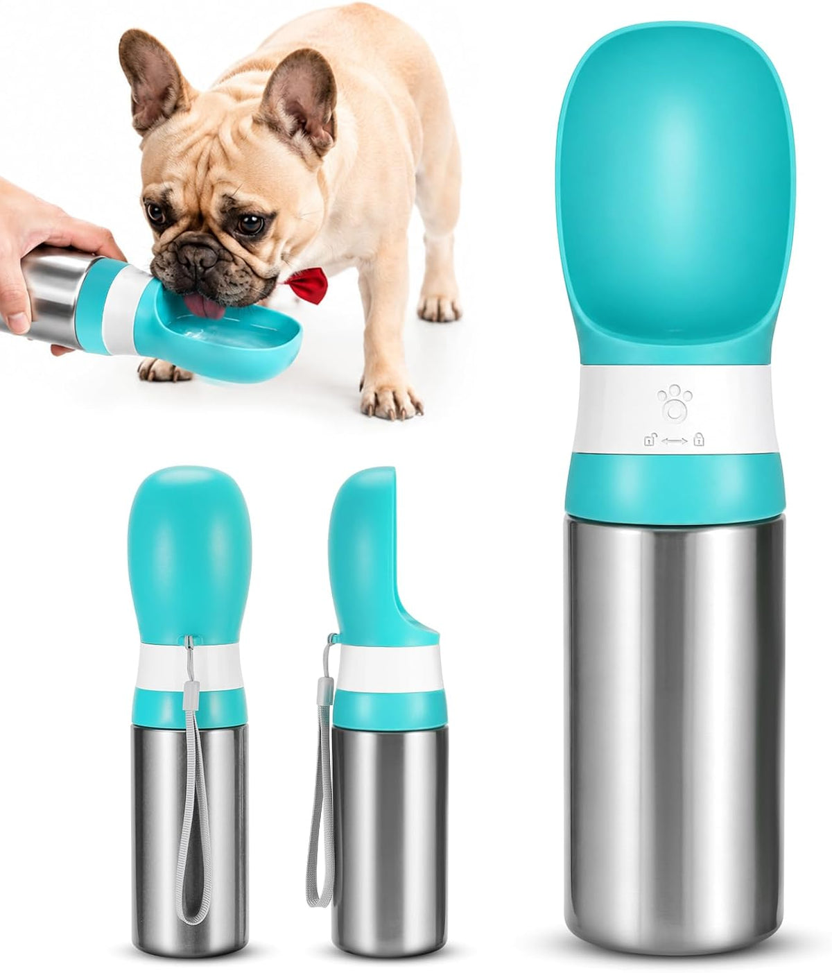 Portable Dog Water Bottle, 14 OZ Stainless Steel Pet Travel Bowl, Blue