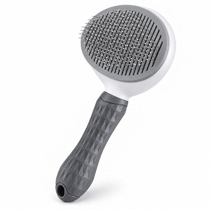 Dog Brush for Shedding and Cat Grooming, Self-Cleaning Slicker Brush with Rounded Pin Tips, Textured Handle and Hair Release Button, Gray