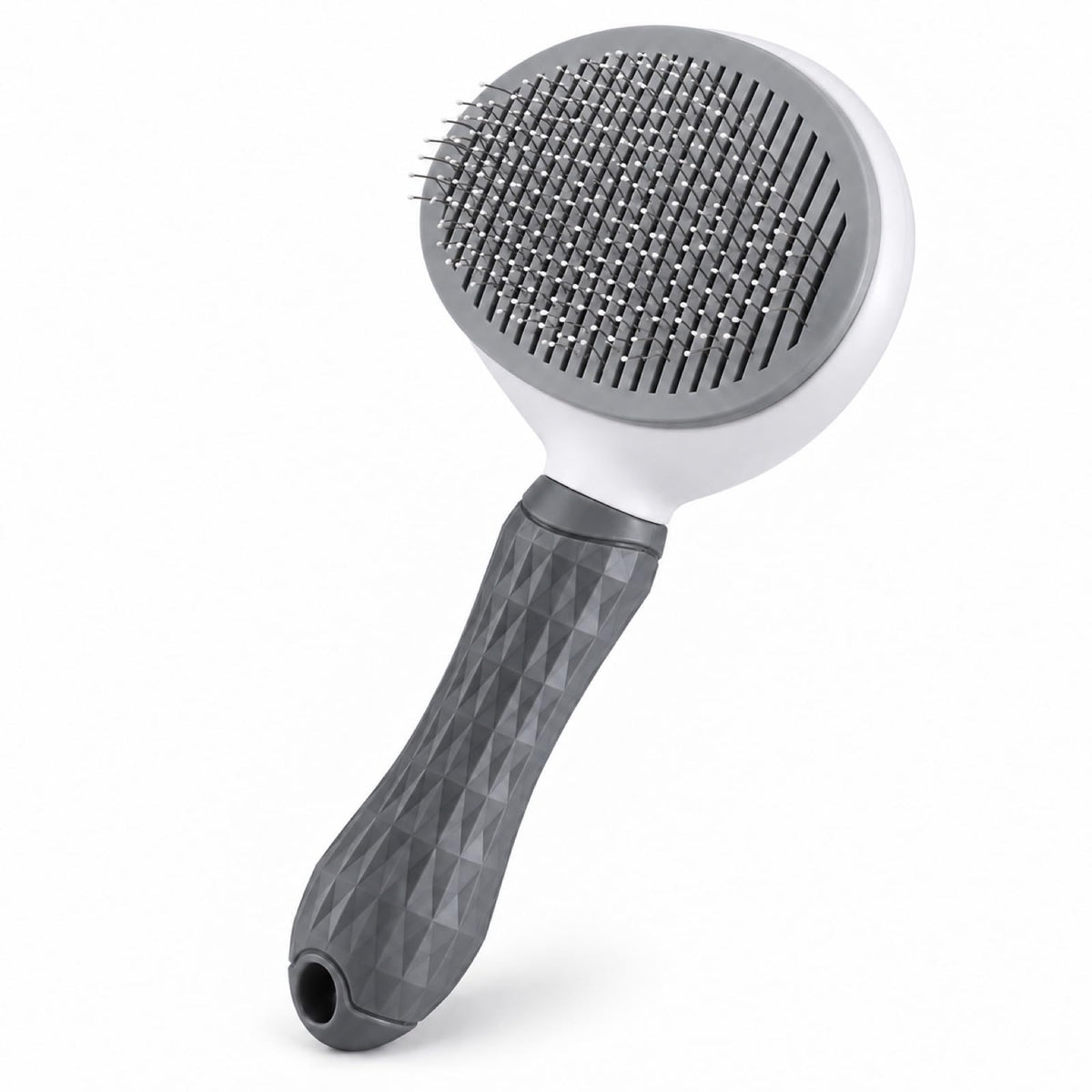 Dog Brush for Shedding and Cat Grooming, Self-Cleaning Slicker Brush with Rounded Pin Tips, Textured Handle and Hair Release Button, Gray