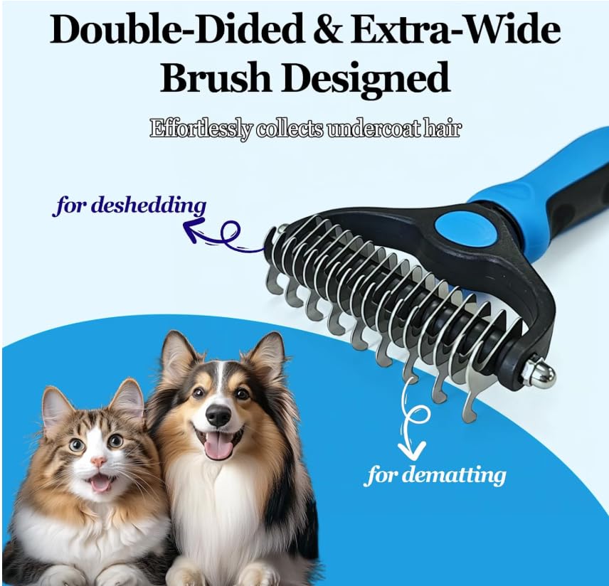 2-in-1 Dog & Cat Deshedding Brush, 17cm Long Stainless Steel Dog Rake Brush for Shedding, Pet Grooming Tool & Greyhound Comb for Mats, Tangles & Loose Undercoat, Non-Slip TPR Handle