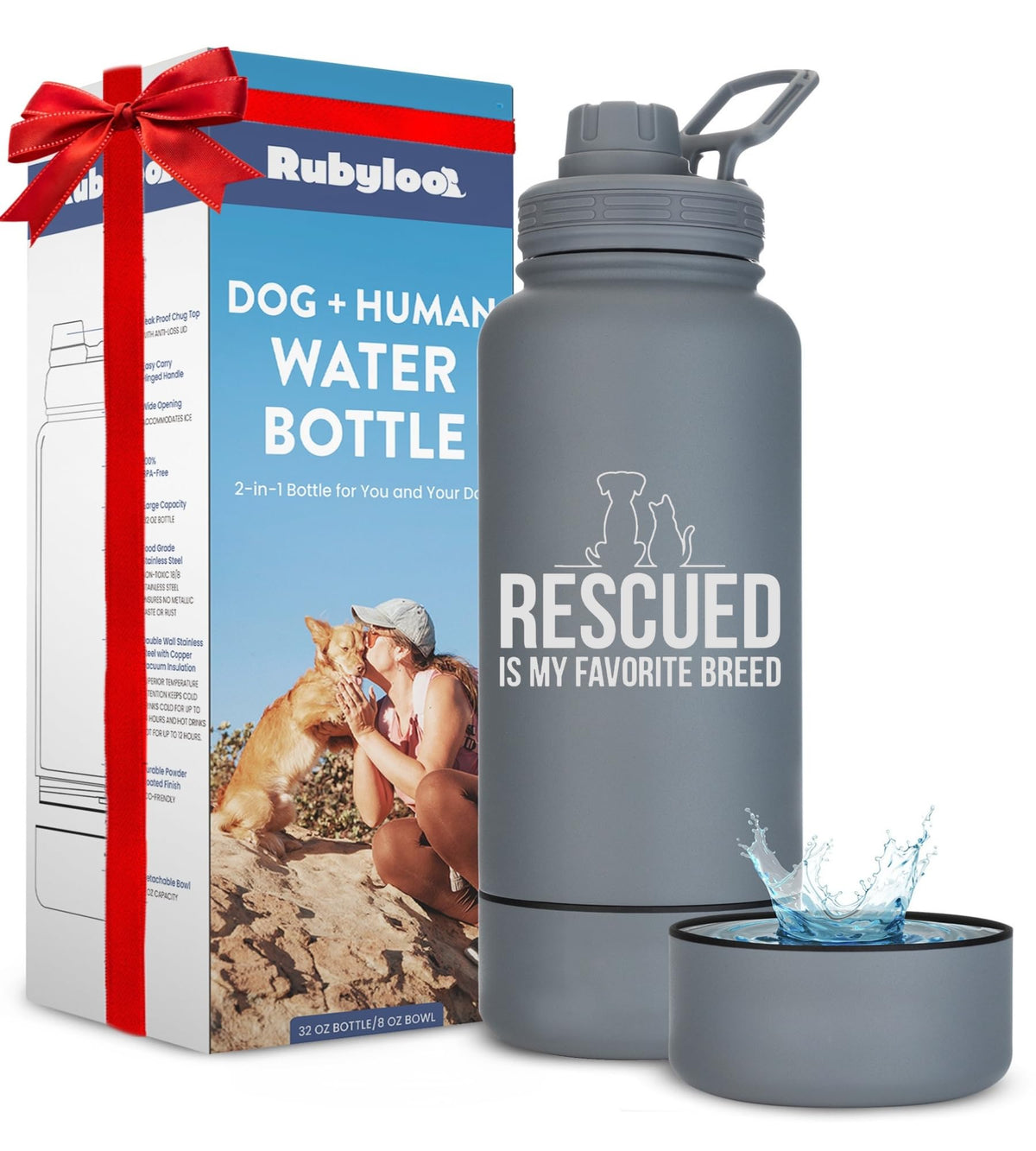 Rubyloo Dog Water Bottle w/Detachable Bowl for Dog Lovers, Life is Better