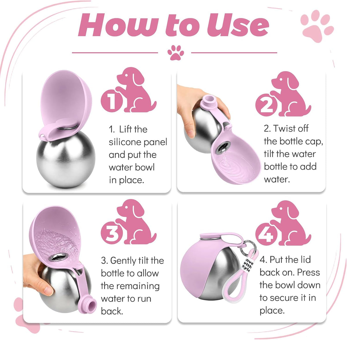2 in 1 Portable Dog Water Bottle 10oz Pet Water Dispenser with Bowl, Pink