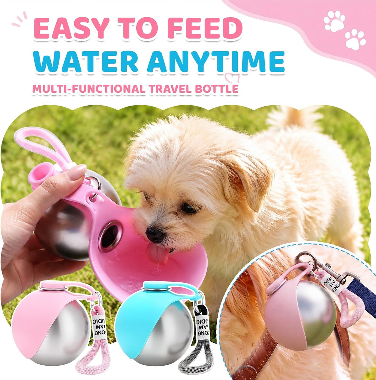 2 Pcs 2 in 1 Portable Dog Water Bottle with Silicone Bowl 10oz Stainless Steel Dog Travel Water Bottle Leak Proof Puppy Drinking Bottles for Walking Hiking Travel Outdoor Use