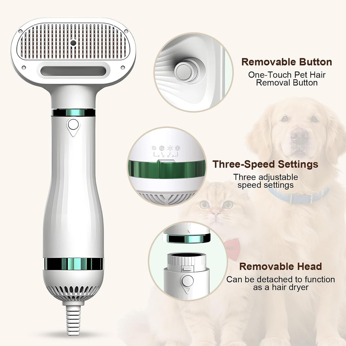 2-in-1 Pet Hair Dryer with Slicker Brush，Dog Cat Grooming Blow Dryer for Small Dogs and Cats
