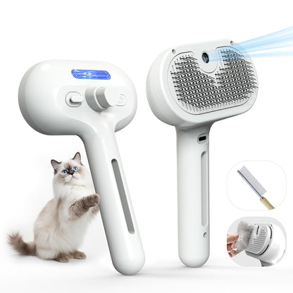 Pet Grooming Brush with Electronic Mist Spray - Gentle Deshedding Tool for Cats & Dogs, Pet Steam Brush，Reduces Shedding, Soft Bristles, Promotes Healthy Coat-Comes with a hair smoothing comb-White