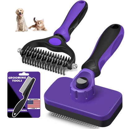 Professional 3PCS Self Cleaning Slicker Brush & Pet Grooming Rake & Flea Comb for Dogs,Cats and Horses | Double-Sided Dematting Comb & Skin Friendly Deshedding Grooming Tool | Pet Supplies