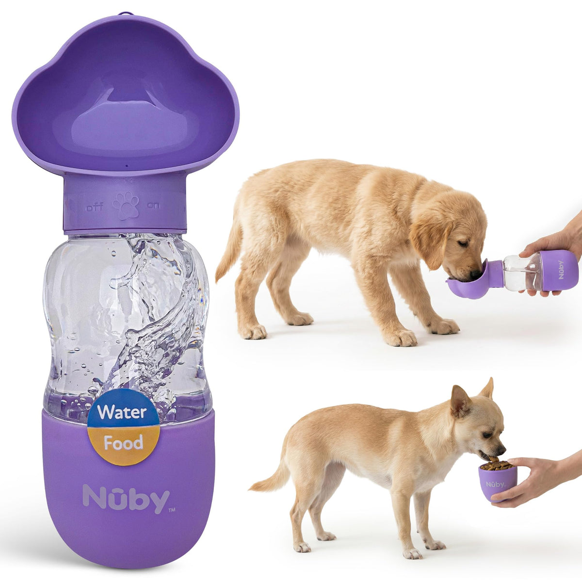 Nuby Dog Water Bottle, Portable Pet Travel Bottle, Water and Food Container for Dogs, Leak-Proof, Easy Carry Strap, Puppy Essentials, 10oz Water & 6.76oz Food Capacity, Lavender