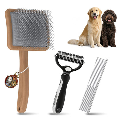 3-Piece Dog Slicker Brush & Undercoat Rake Kit, Purple Wooden Kit