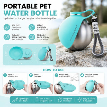 2-in-1 Portable Dog Water Bottle, 10 oz Stainless Steel with Foldable Bowl