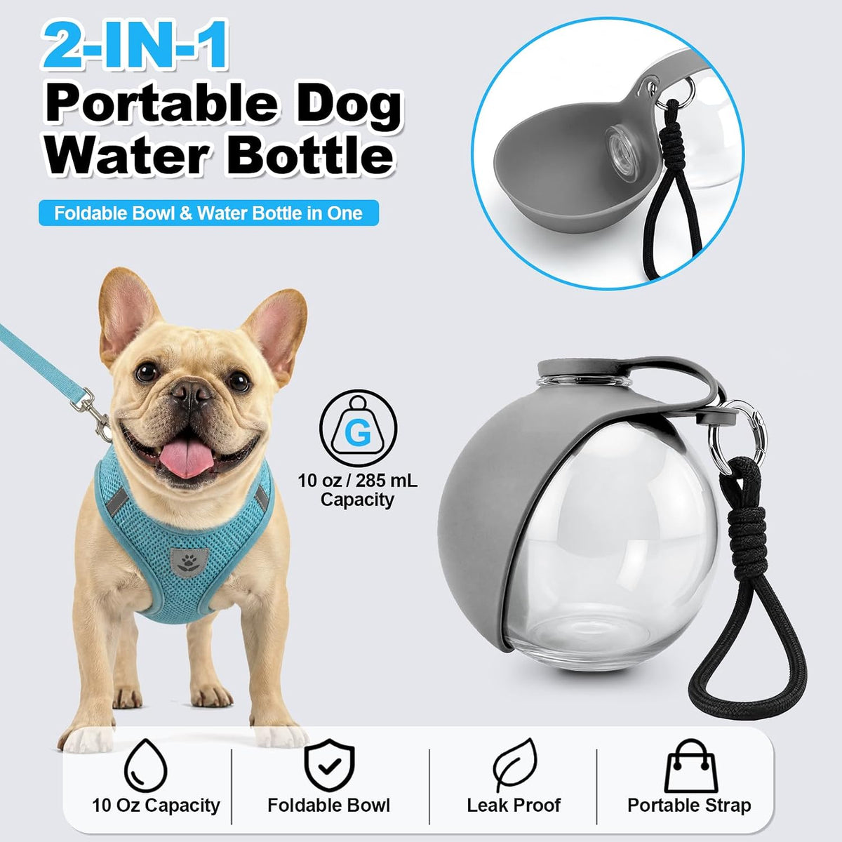 Portable Dog Water Bottle with Silicone Bowl, Travel Water Dispenser for Small Dogs, Walking and Hiking, Light Grey