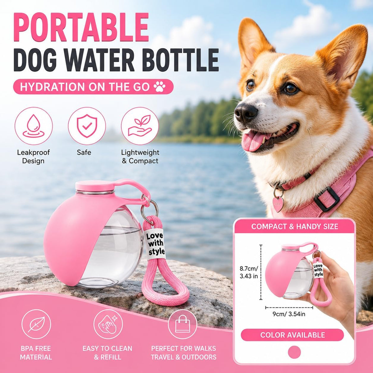 2-in-1 Portable Dog Water Bottle with Bowl, 10oz