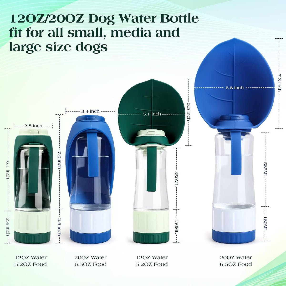 TIOVERY Upgraded Dog Water Bottle, Portable Dog Cat Puppy Pet Water Dispenser Feeder with Drinking Cup and Food Container Leak Proof for Outdoor Walking, Travel, Hiking 12OZ