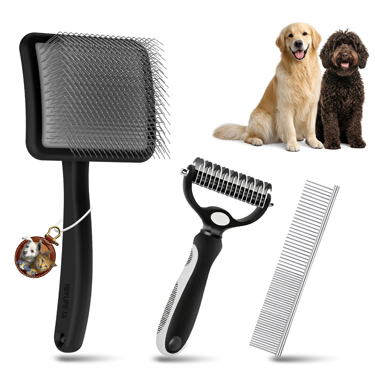 3-Piece Dog Slicker Brush & Undercoat Rake Kit, Purple Wooden Kit
