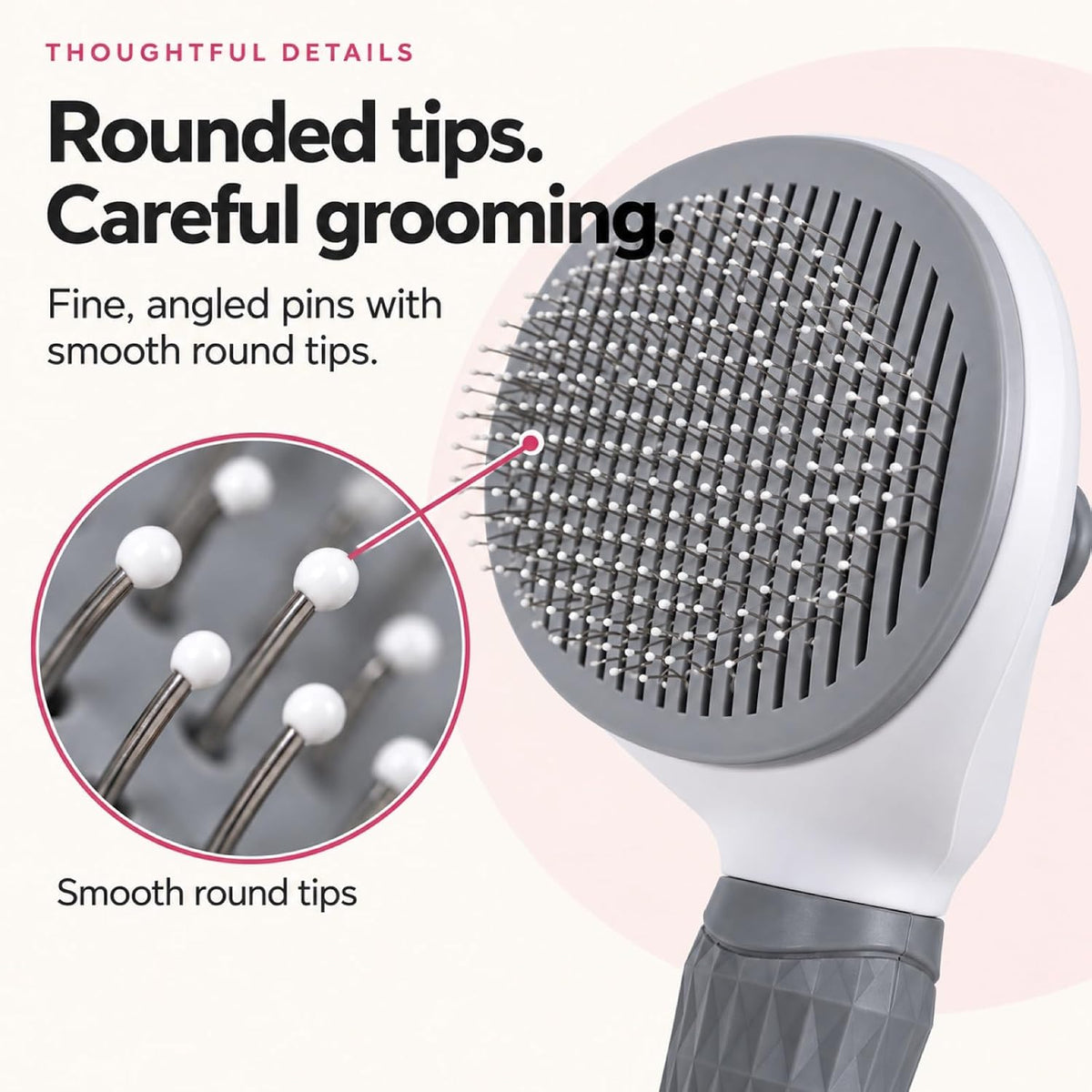 Dog Brush for Shedding and Cat Grooming, Self-Cleaning Slicker Brush with Rounded Pin Tips, Textured Handle and Hair Release Button, Gray