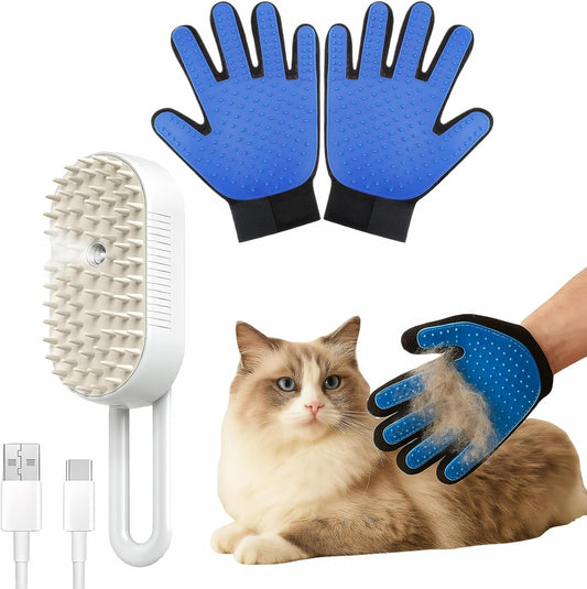 CealumVita Deshedding Glove and Cat Steam Brush,cat grooming set，pet hair removal tool ，with Massage for Dogs and Cats Grooming (Beige spray cmb+gloves-1pair)