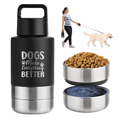 KEWIXY Insulated Dog Travel Water Bottle With Detachable Bowls, Ideal Gifts for Dog Lovers, Portable Water Bottle Dispenser, For Walking, Hiking, Camping, Outdoor (Black:Dogs Better, 32 Oz)