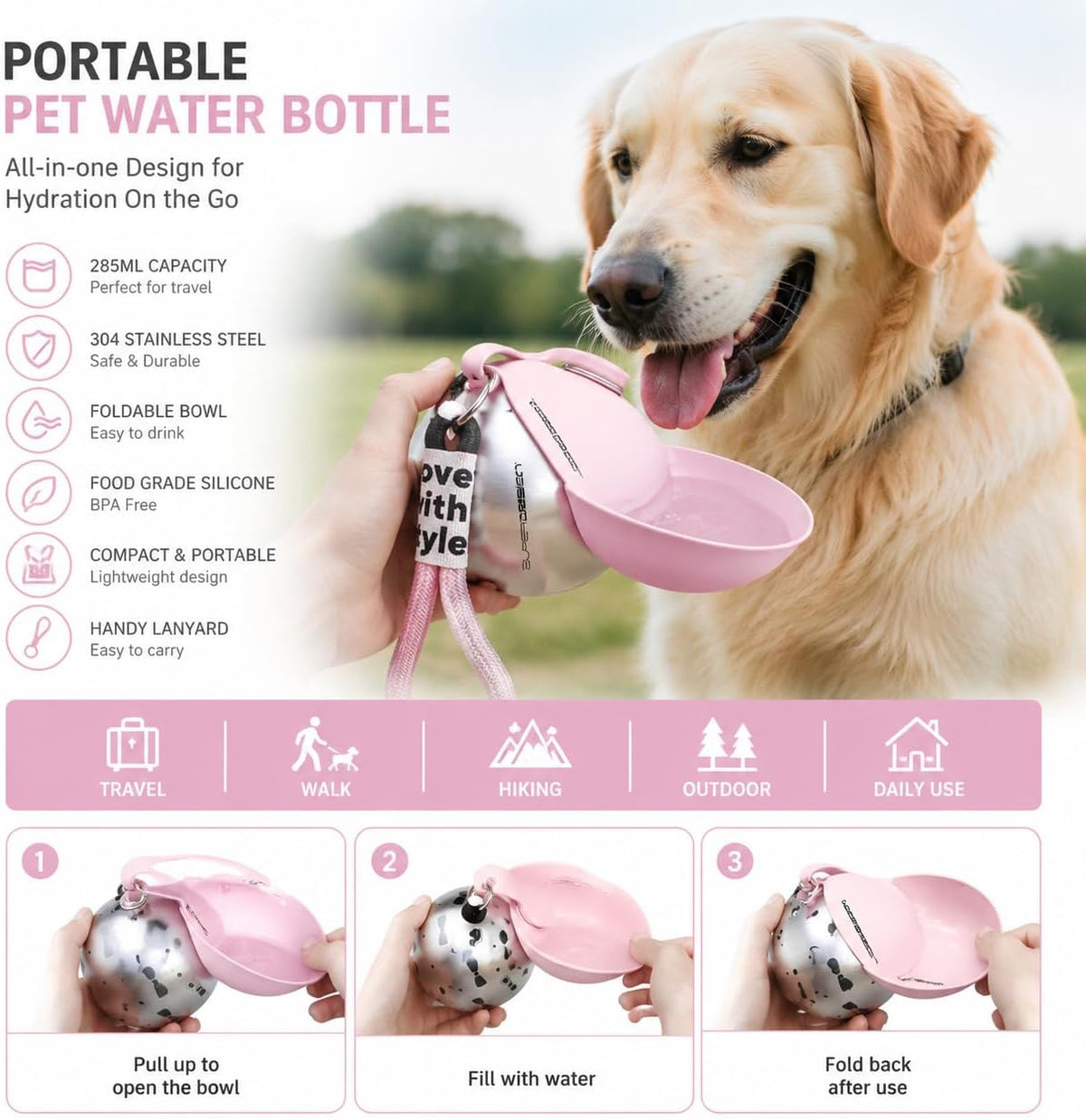 2-in-1 Portable Dog Water Bottle, 10 oz Stainless Steel with Foldable Bowl