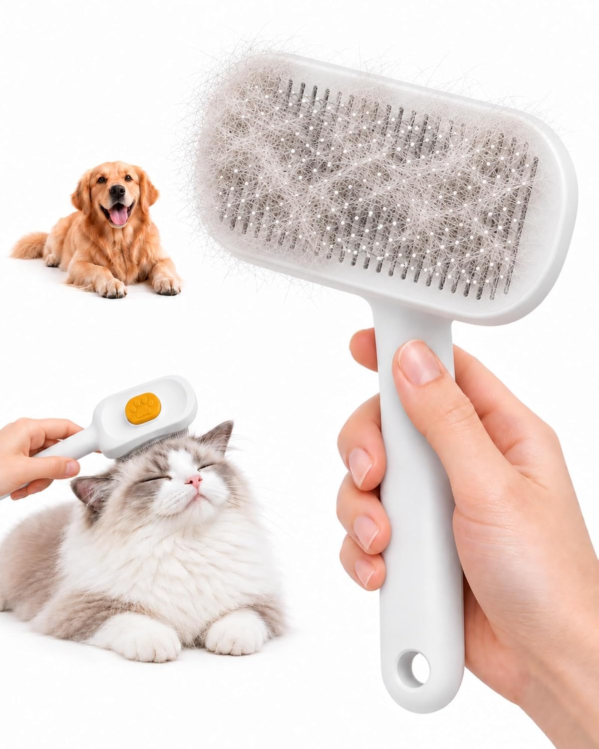 Self Cleaning Slicker Brush for Cats & Dogs, 1-Press Release Shedding Pet