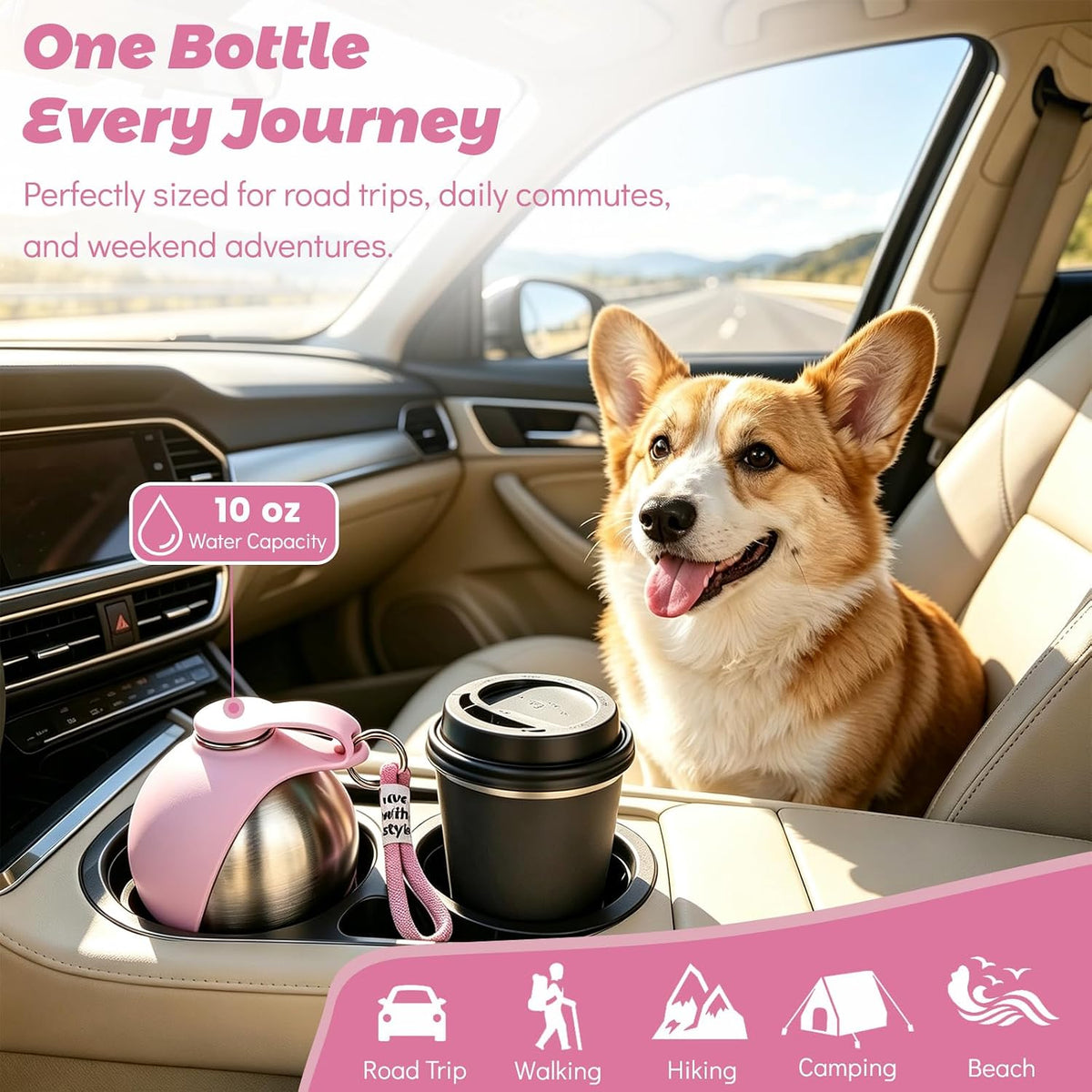 2 in 1 Portable Dog Water Bottle 10oz Pet Water Dispenser with Bowl, Pink