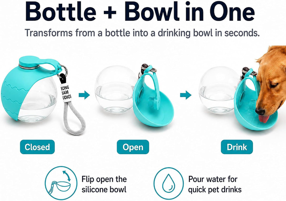 Dog Water Bottle – 2-in-1 Foldable Bowl, BPA-Free, 10oz