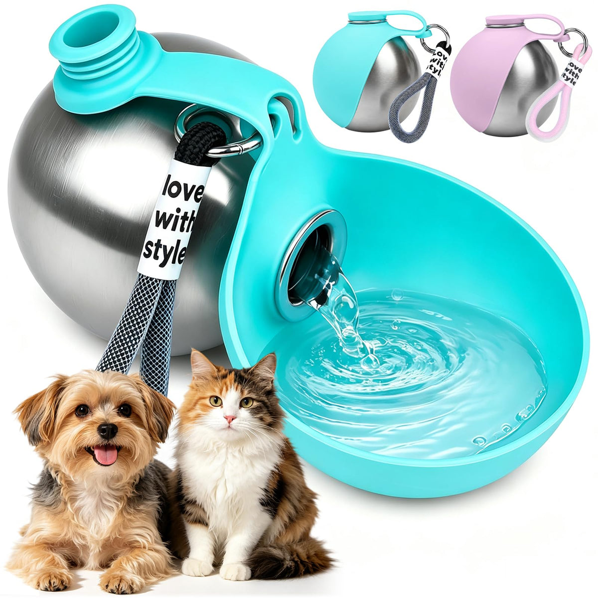 2 in 1 Portable Dog Water Bottle 10oz Pet Water Dispenser with Bowl, Pink