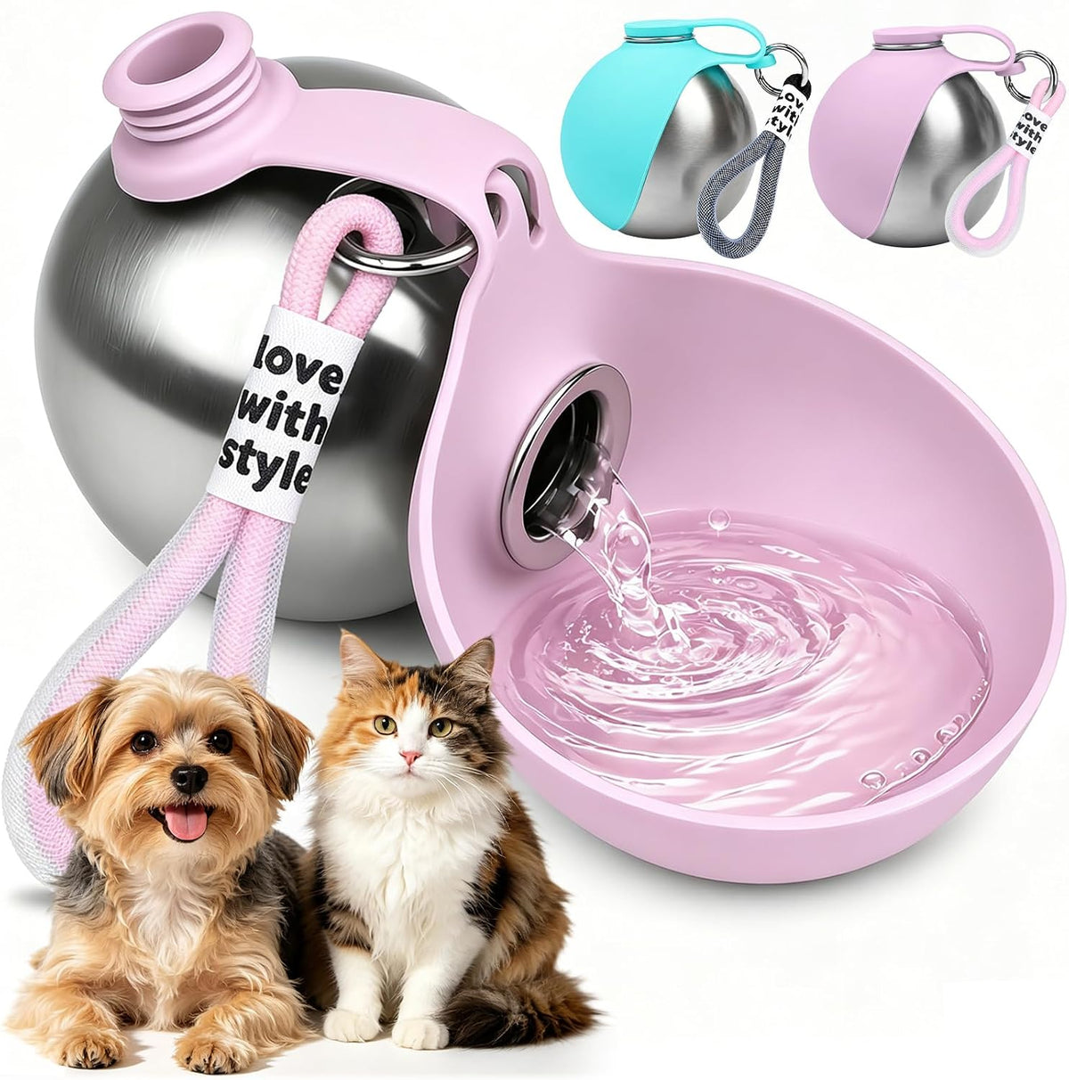 2 in 1 Portable Dog Water Bottle 10oz Pet Water Dispenser with Bowl, Pink