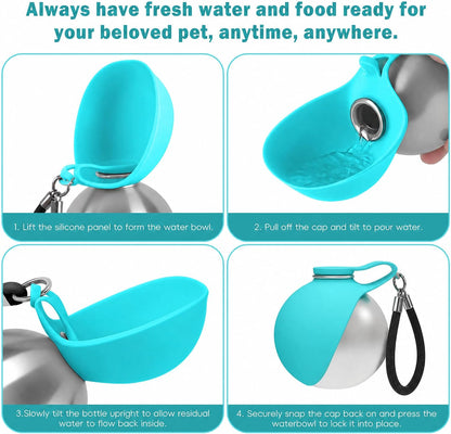 2-in-1 Portable Dog Water Bottle with Bowl, 10oz Leak-Proof Stainless Steel Pet Travel Water Dispenser for Small Dogs & Puppy, No-Spill Design for Walking, Hiking (Blue A)