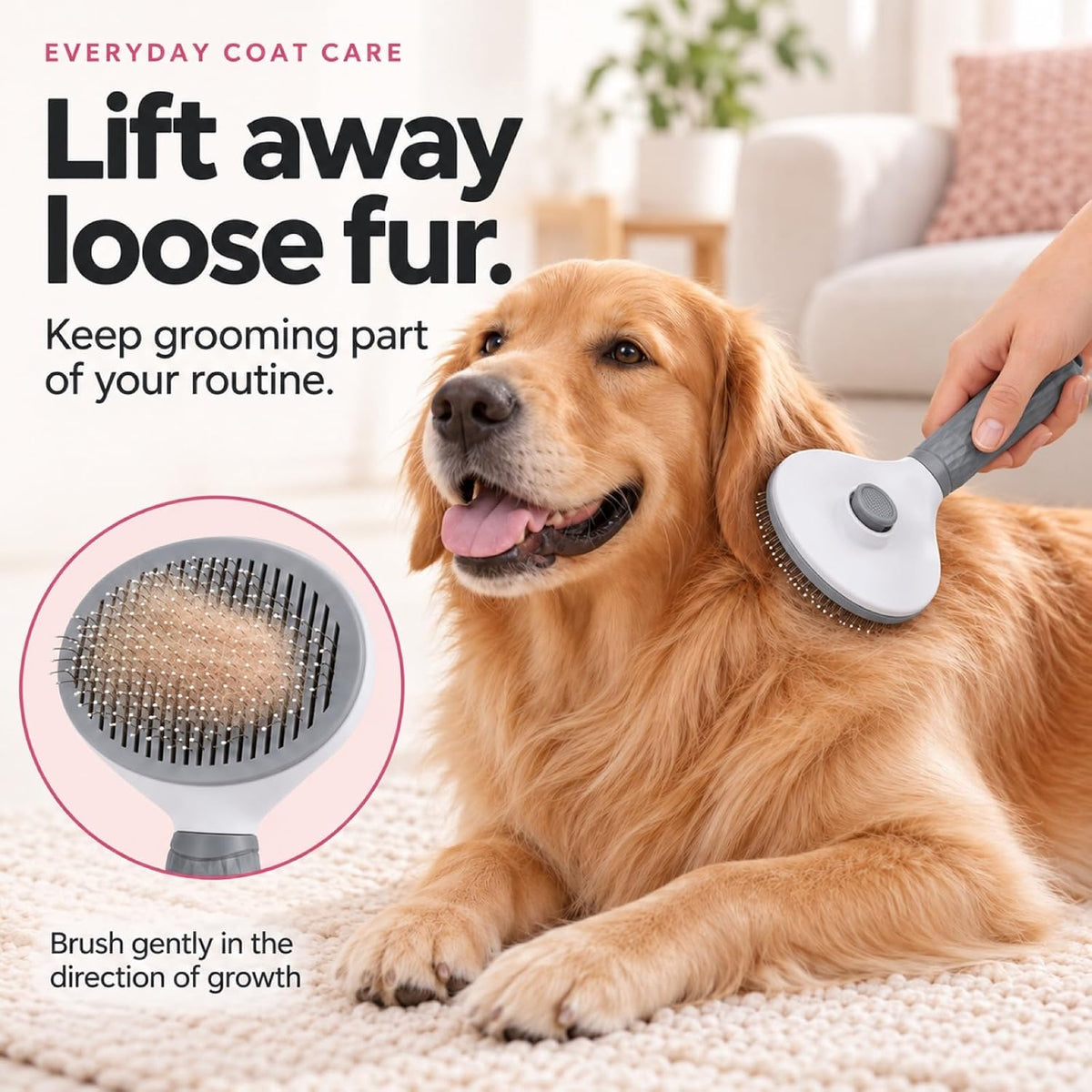 Dog Brush for Shedding and Cat Grooming, Self-Cleaning Slicker Brush with Rounded Pin Tips, Textured Handle and Hair Release Button, Gray