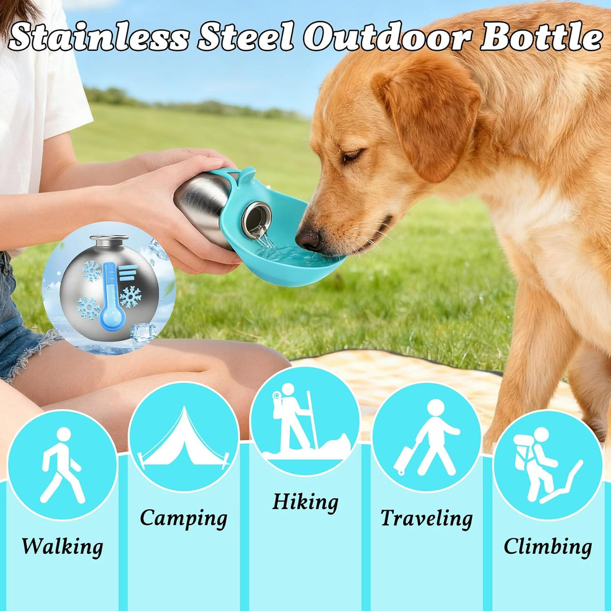 Dog Water Bottle Portable 2 in 1 Foldable Stainless Steel Bowl