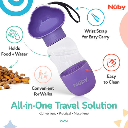 Nuby Dog Water Bottle, Portable Pet Travel Bottle, Water and Food Container for Dogs, Leak-Proof, Easy Carry Strap, Puppy Essentials, 10oz Water & 6.76oz Food Capacity, Lavender