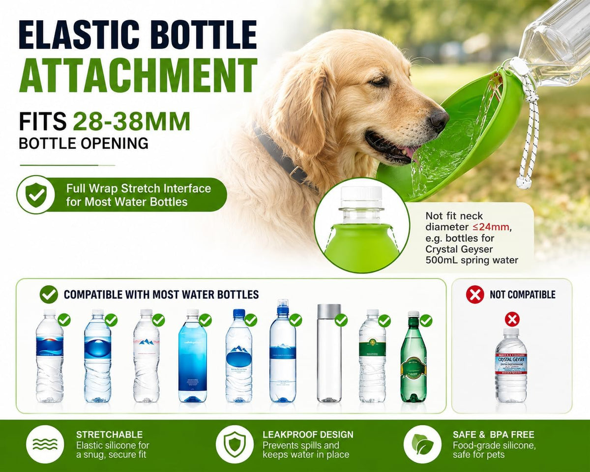 Dog Water Bottle Attachment, 2 Pack Foldable Silicone Pet Water Bowl, Fits Most 26mm+ Water Bottles, Portable Dog Drinking Bowl for Walking, Hiking, Camping & Travel