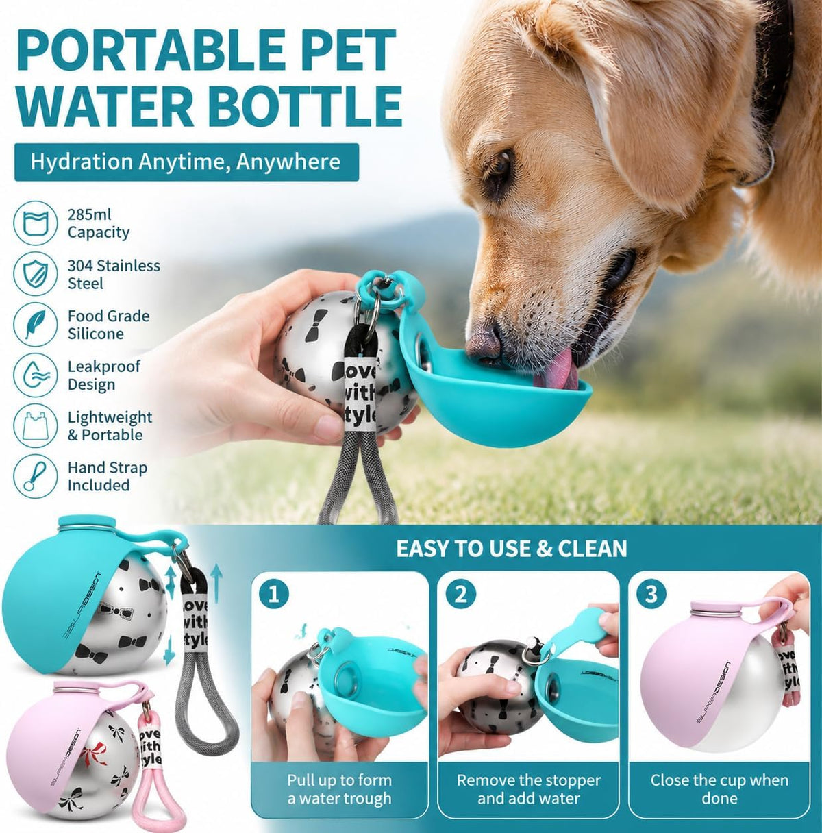 2-in-1 Portable Dog Water Bottle, 10 oz Stainless Steel with Foldable Bowl