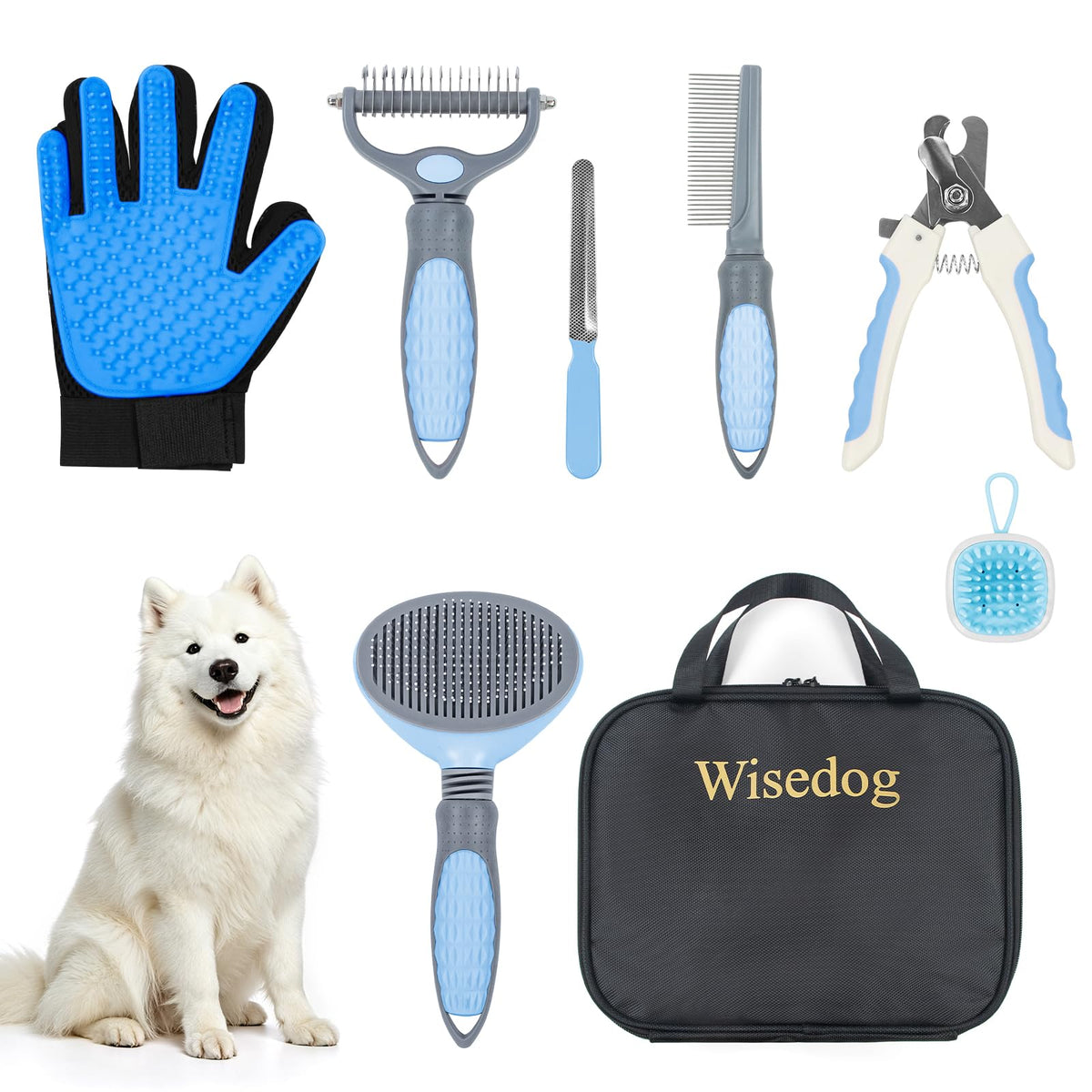 Wisedog 7-in-1 Dog Grooming Kit for Small Medium Dogs & Cats, Blue