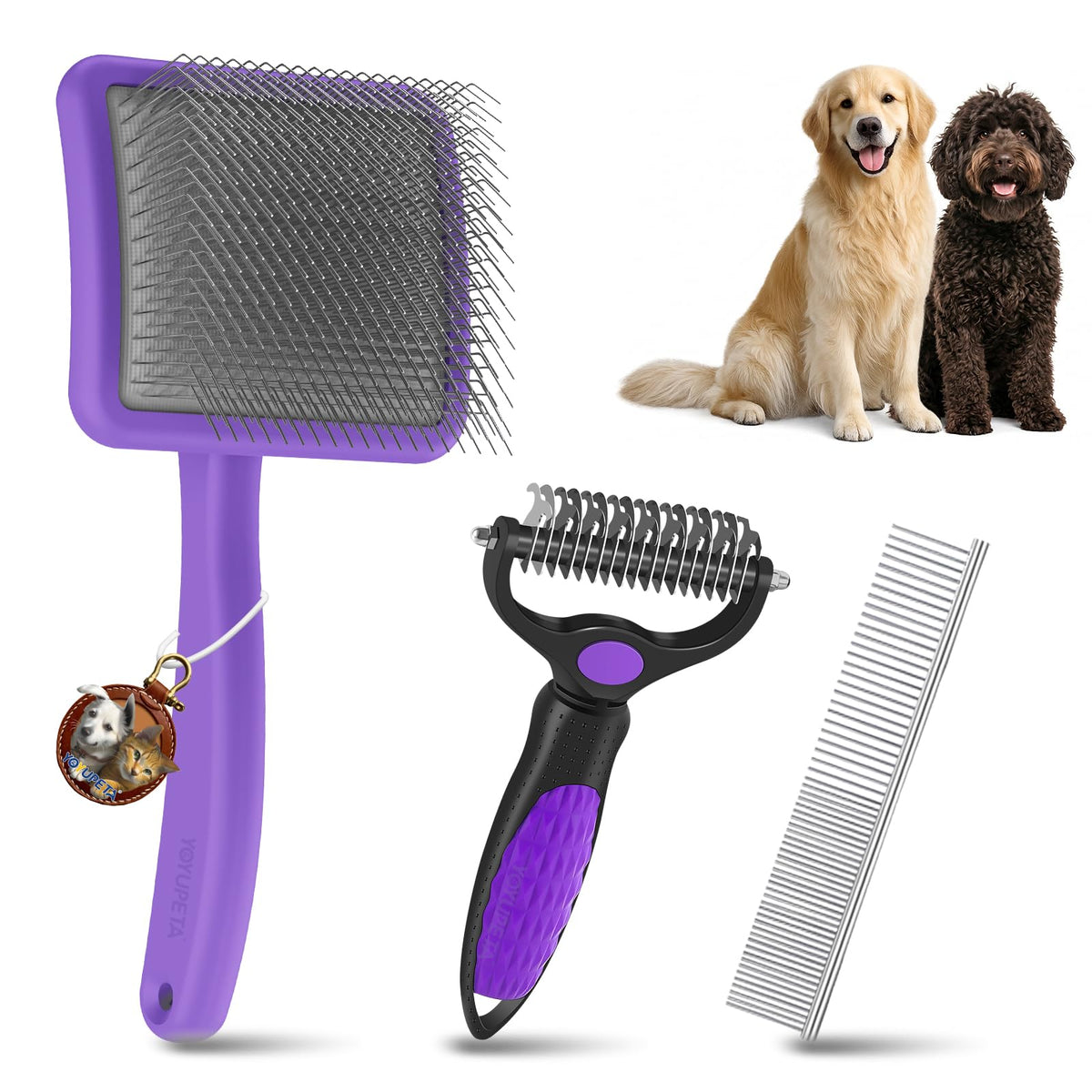3-Piece Dog Slicker Brush & Undercoat Rake Kit, Purple Wooden Kit