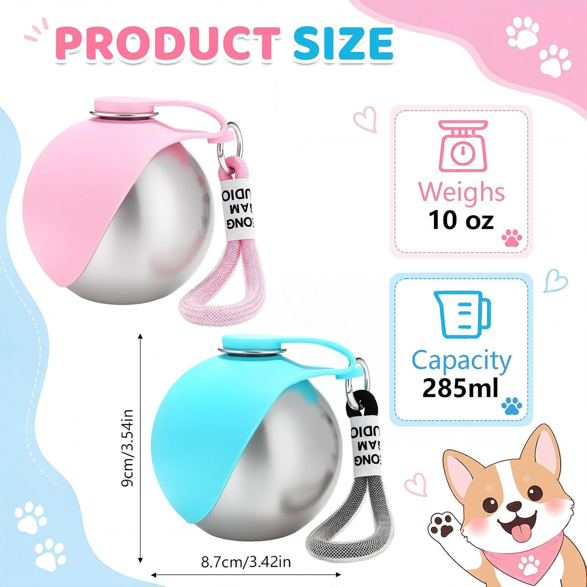 2 Pcs 2 in 1 Portable Dog Water Bottle with Silicone Bowl 10oz Stainless Steel Dog Travel Water Bottle Leak Proof Puppy Drinking Bottles for Walking Hiking Travel Outdoor Use