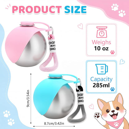 2 Pcs 2 in 1 Portable Dog Water Bottle with Silicone Bowl 10oz Stainless Steel Dog Travel Water Bottle Leak Proof Puppy Drinking Bottles for Walking Hiking Travel Outdoor Use