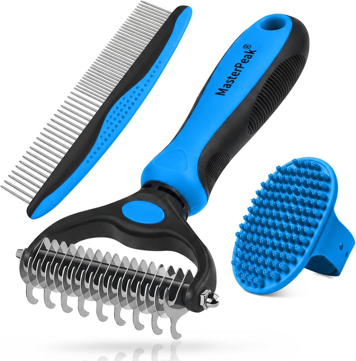 3-In-1 Pet Grooming Kit Rake Metal Comb & Bath Brush Blue