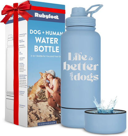 Rubyloo Dog Water Bottle w/Detachable Bowl for Dog Lovers, Life is Better