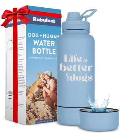 Rubyloo Dog Water Bottle w/Detachable Bowl for Dog Lovers, Life is Better