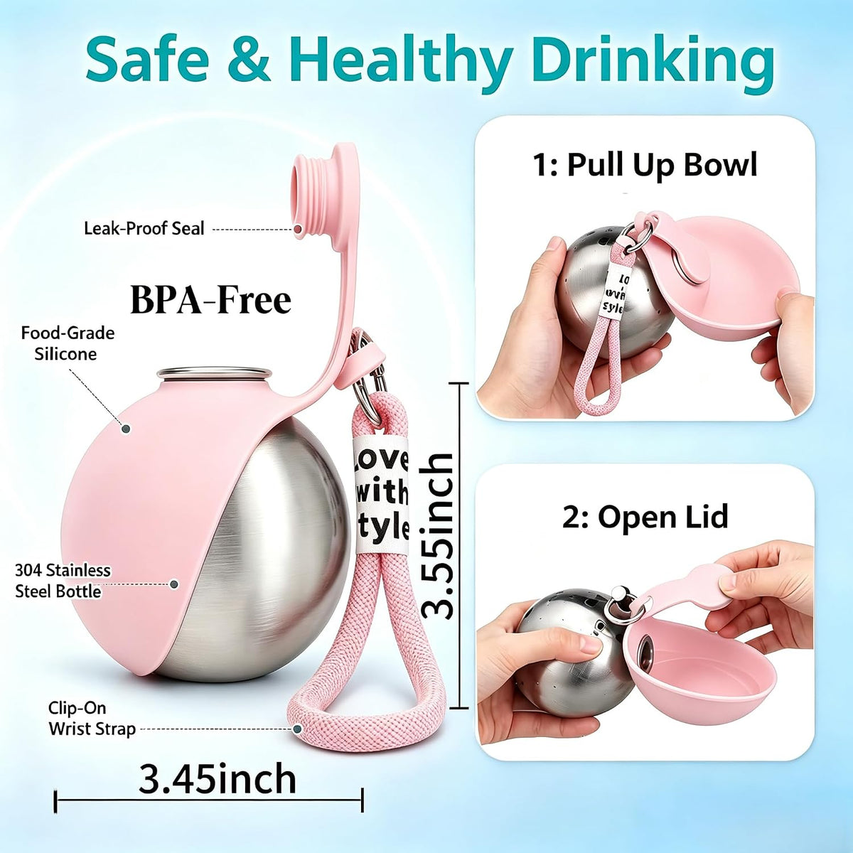 Dog Water Bottle Portable - 2 in 1 Stainless Steel Tumbler with Foldable Round Silicone Ball Bowl, 2-in-1 Leak-Proof Design for Dogs Pet Travel Walking Drinking（Pink）