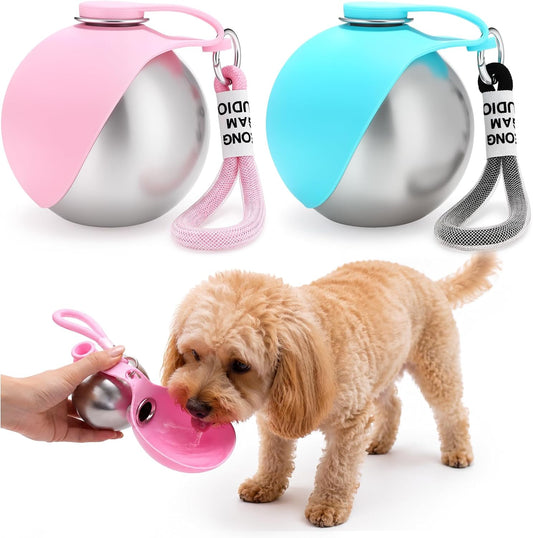 2 Pcs 2 in 1 Portable Dog Water Bottle with Silicone Bowl 10oz Stainless Steel Dog Travel Water Bottle Leak Proof Puppy Drinking Bottles for Walking Hiking Travel Outdoor Use
