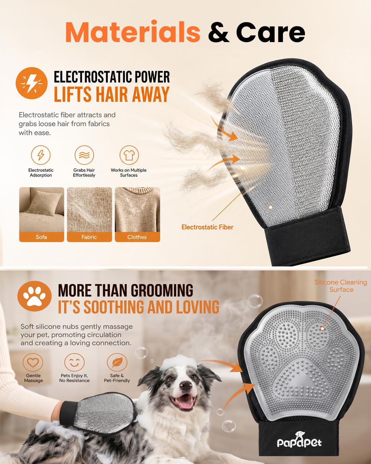 Pet Hair Removal Glove for Dogs & Cats, 2-in-1 Double-Sided Pet Grooming Tool, Static Pet Hair Remover for Clothes & Furniture + Silicone Brush for Massaging Pets & Removing Loose Fur