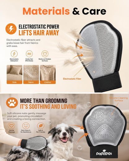Pet Hair Removal Glove for Dogs & Cats, 2-in-1 Double-Sided Pet Grooming Tool, Static Pet Hair Remover for Clothes & Furniture + Silicone Brush for Massaging Pets & Removing Loose Fur