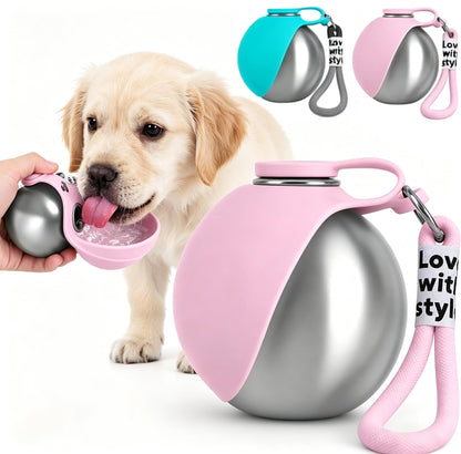 Dog Water Bottle Portable - 2 in 1 Stainless Steel Tumbler with Foldable Round Silicone Ball Bowl, 2-in-1 Leak-Proof Design for Dogs Pet Travel Walking Drinking（Pink）