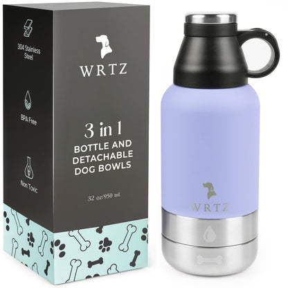 Portable Dog Water Bottle with 2 Removable Water Bowls for Dogs – Leak-Proof Insulated Stainless Steel Dog Water Bottle – Travel Accessories for Dogs - 32oz - Lavender