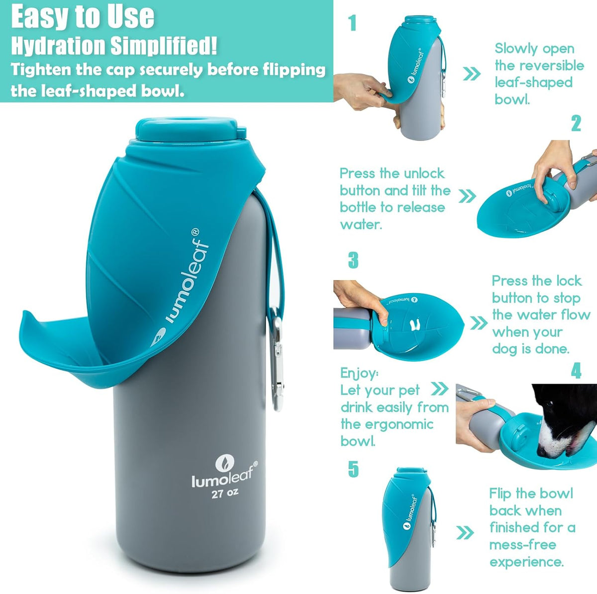 LumoLeaf Insulated Dog Water Bottle 27 oz Stainless Steel - Keep Water Cool or Warm, Portable Pet Water Bowl for Travel, Wide Mouth for Easy Ice Filling & Cleaning
